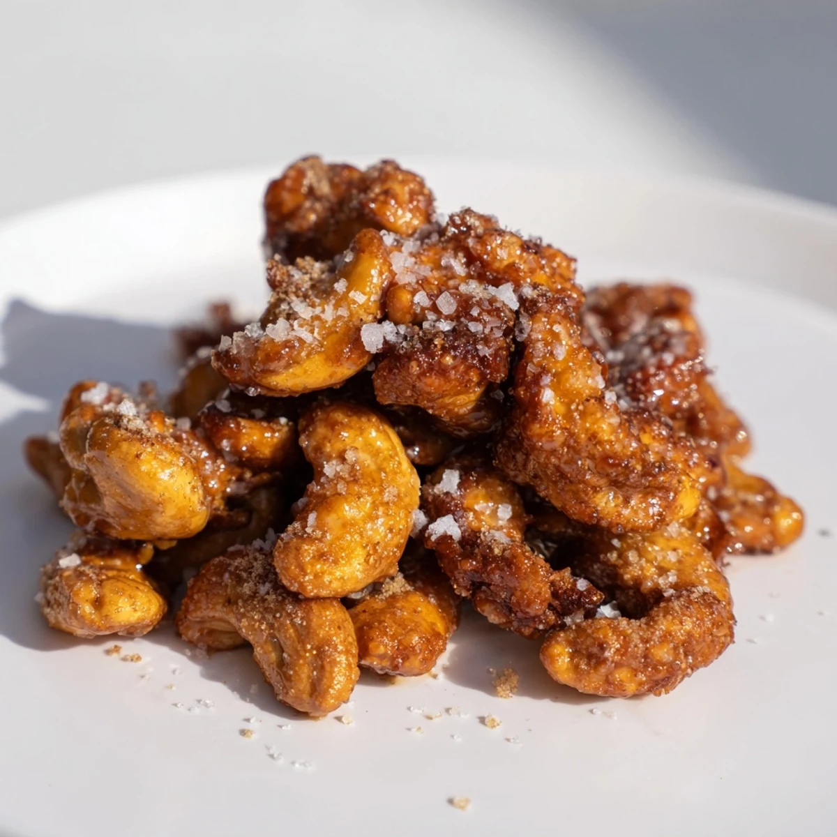 Golden, honey-glazed Sweet and Salty Honey Toasted Cashews, sprinkled with flaky sea salt and cinnamon.