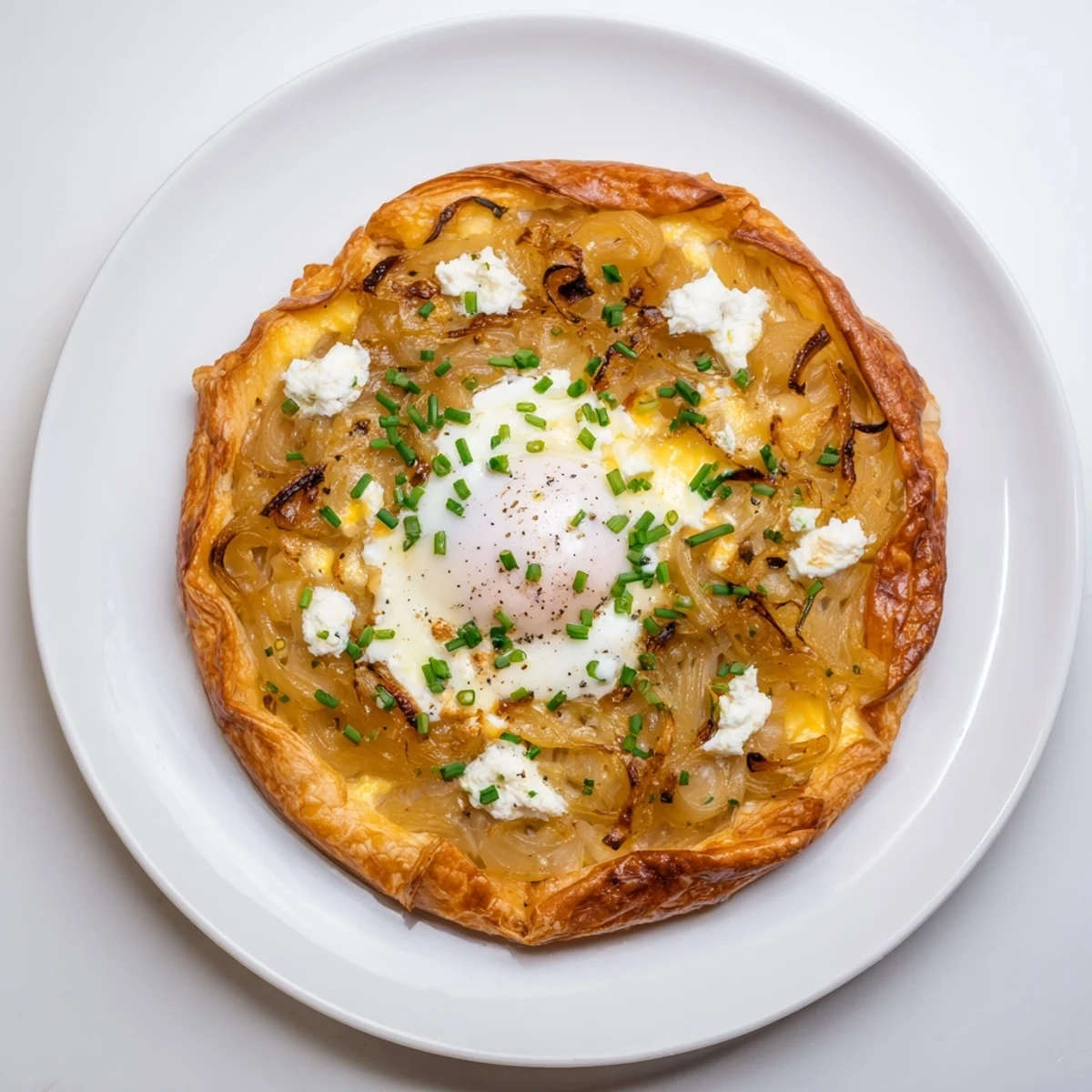Golden caramelized onions and creamy goat cheese topping this decadent tart, ready to savor.