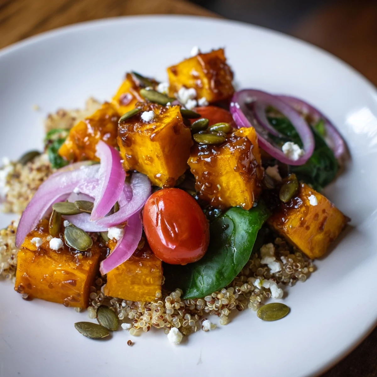 Golden Honey-Roasted Butternut Squash Bowl, featuring glistening, caramelized squash atop quinoa and fresh greens.