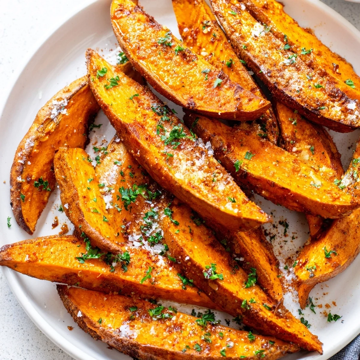 Golden, crispy oven-baked sweet potato wedges beautifully arranged on a baking sheet, ready to serve.