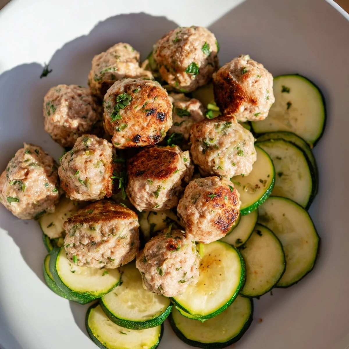 Golden-brown Easy Sheet Pan Turkey Meatballs sit beside roasted zucchini for a delicious weeknight dinner.