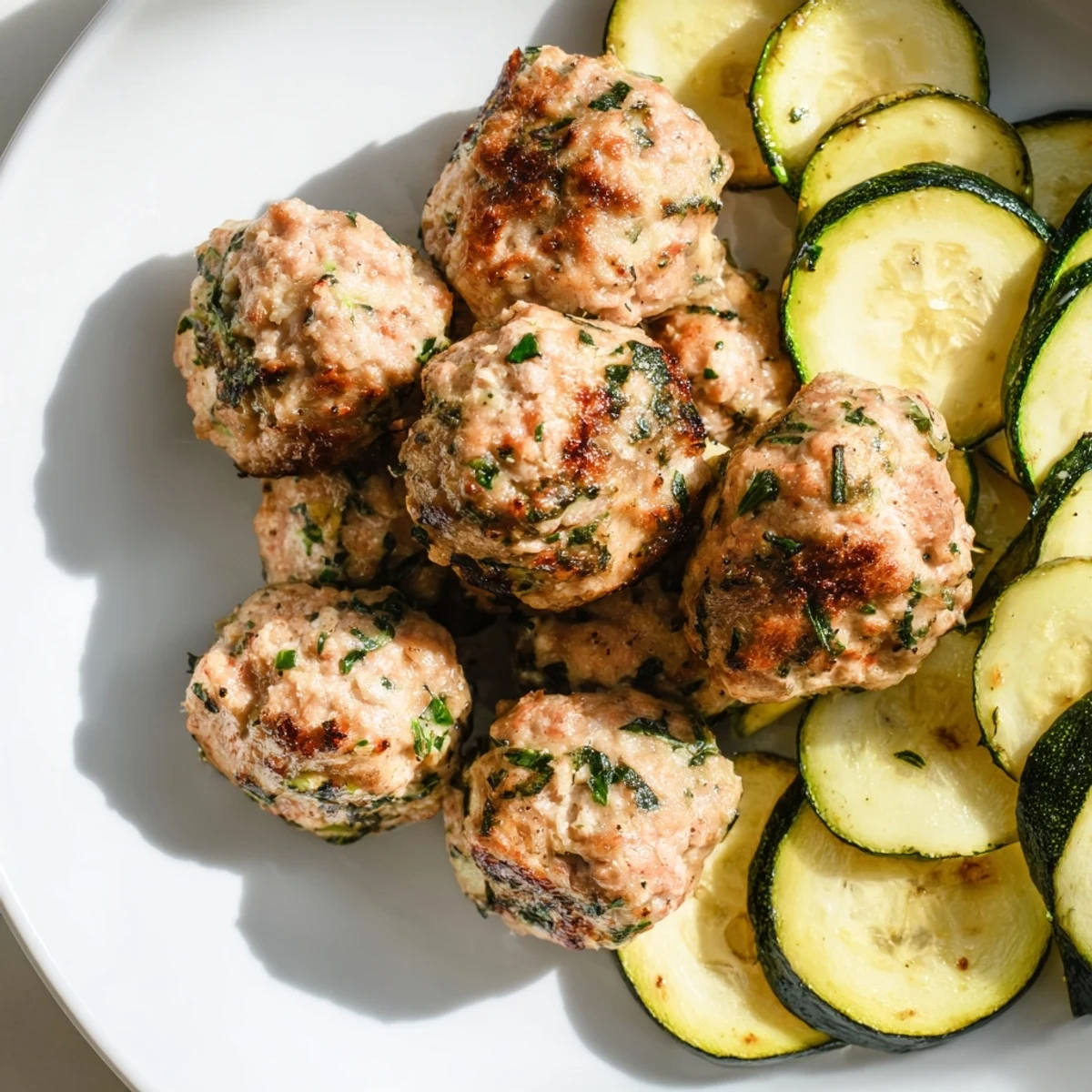 Freshly baked Easy Sheet Pan Turkey Meatballs and tender zucchini make a flavorful, complete, and easy meal.