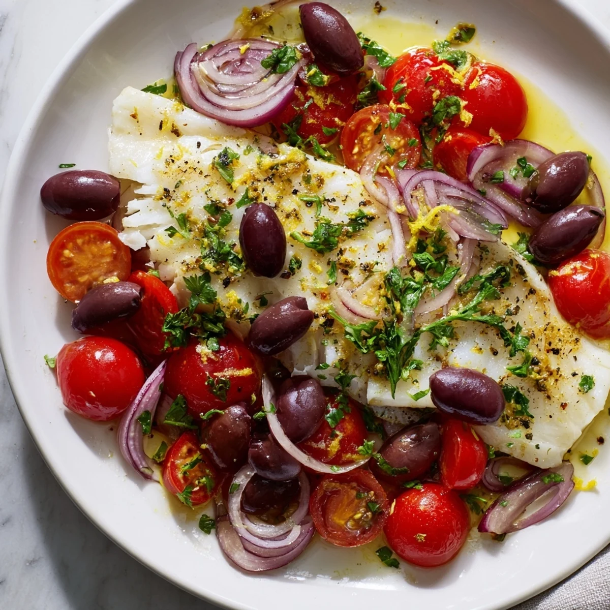 A close up of One-Tray Baked Cod with bright red tomatoes, a tempting Mediterranean meal.