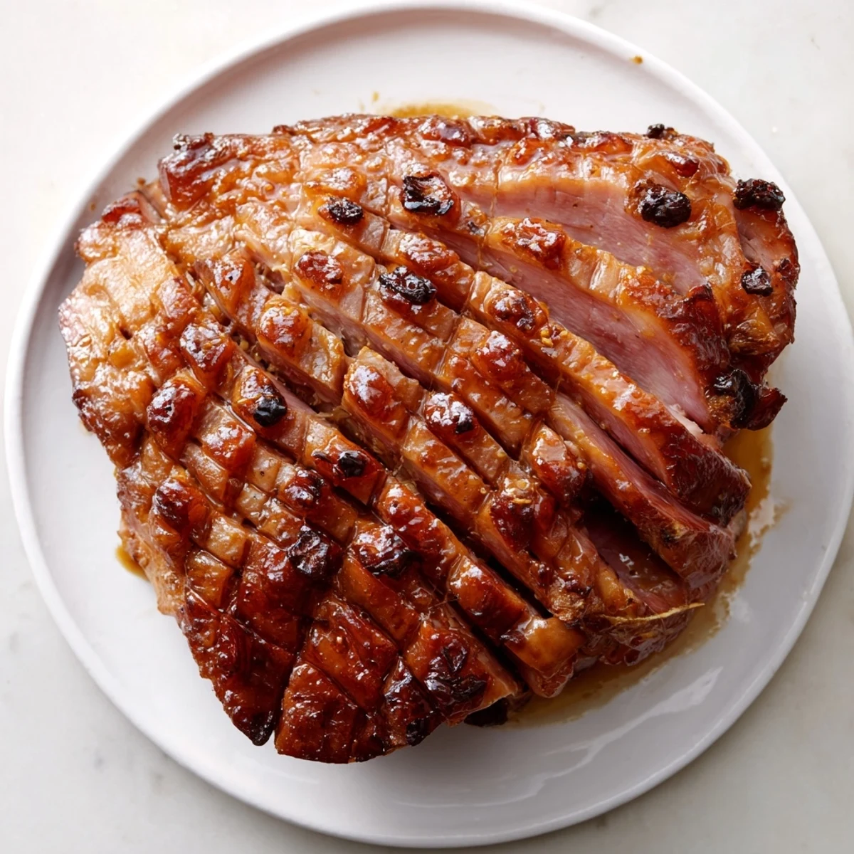 Golden brown Slow-Cooked Honey Glazed Ham glistening with a sticky sweet glaze, perfect for a holiday meal.