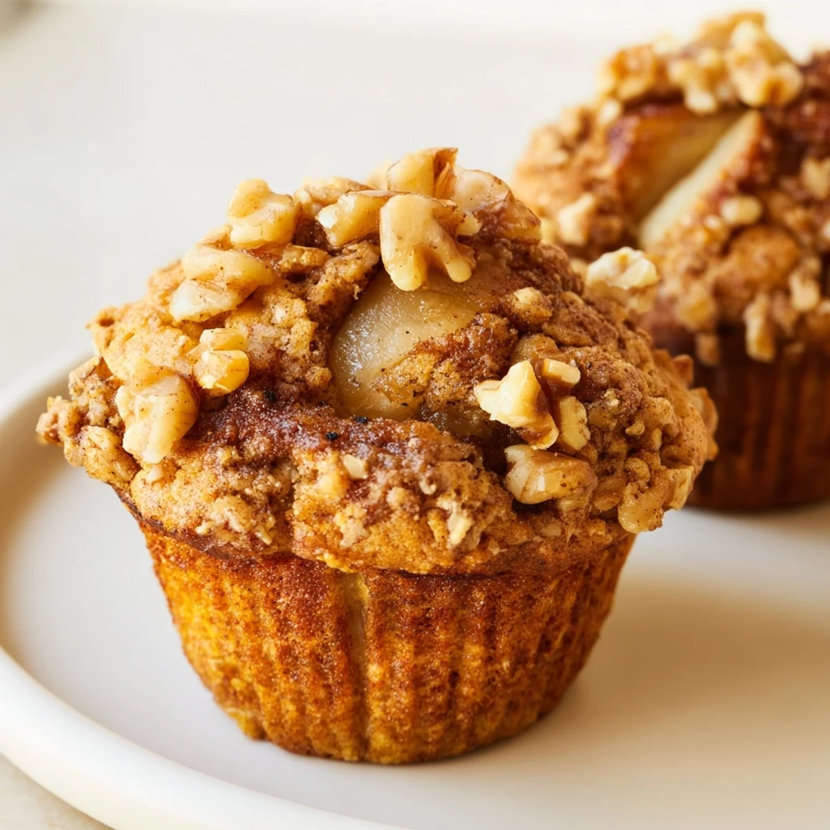 Warm, spiced aroma from the Seasonal Spiced Pear and Walnut Muffins, scattered with toasted walnuts.