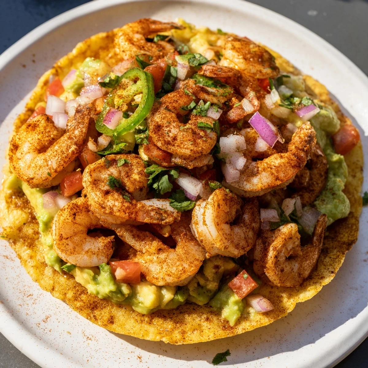 Quick Shrimp and Avocado Tostadas: Crispy corn tostadas piled high with flavorful shrimp and creamy avocado.