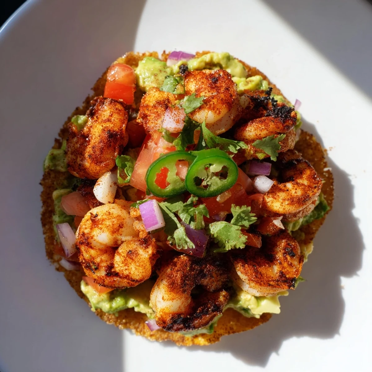 Freshly prepared Quick Shrimp and Avocado Tostada shells topped with seasoned shrimp and colorful garnishes.