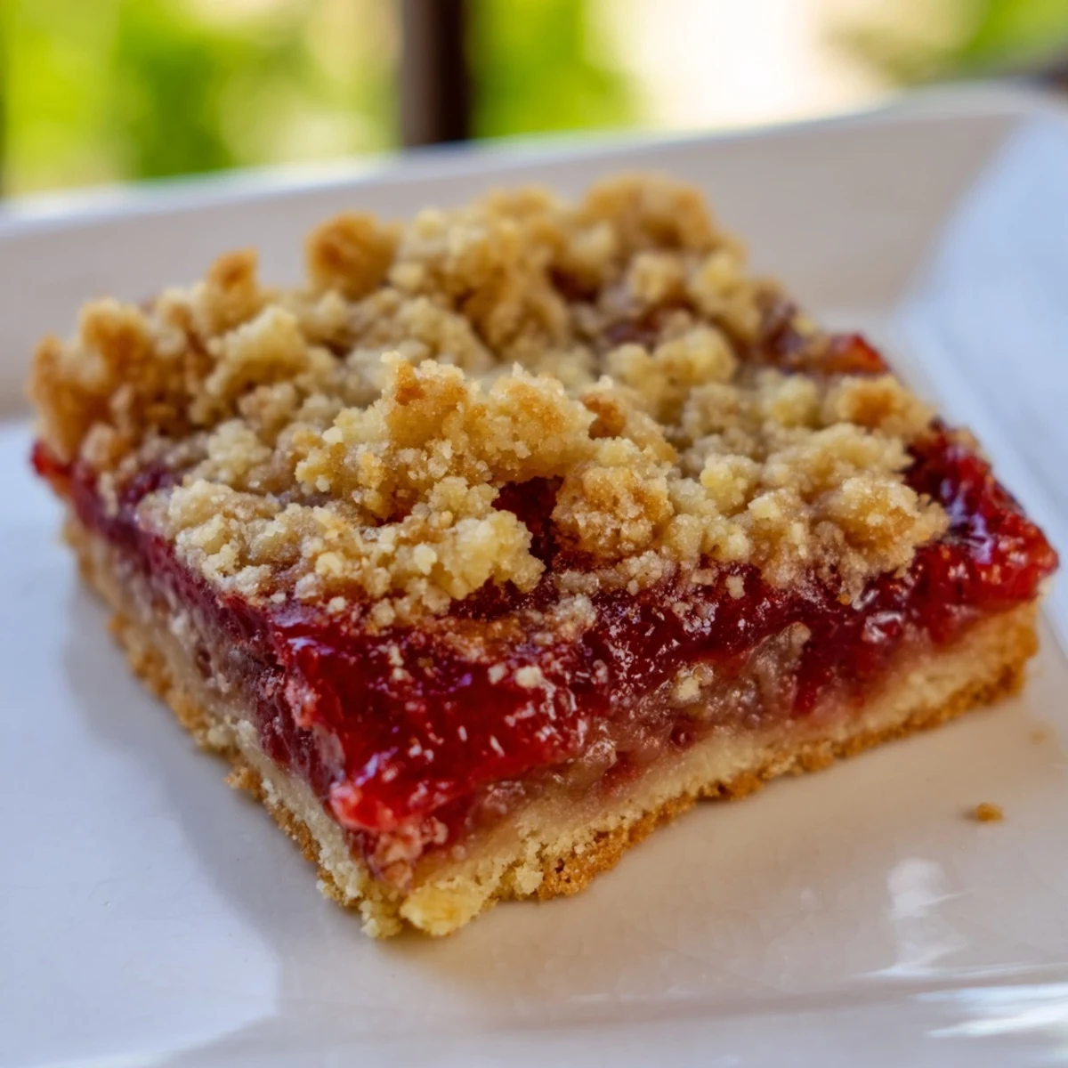 A close-up of freshly baked Simple Homemade Strawberry Jam Squares, showcasing vibrant strawberry filling and buttery crust.