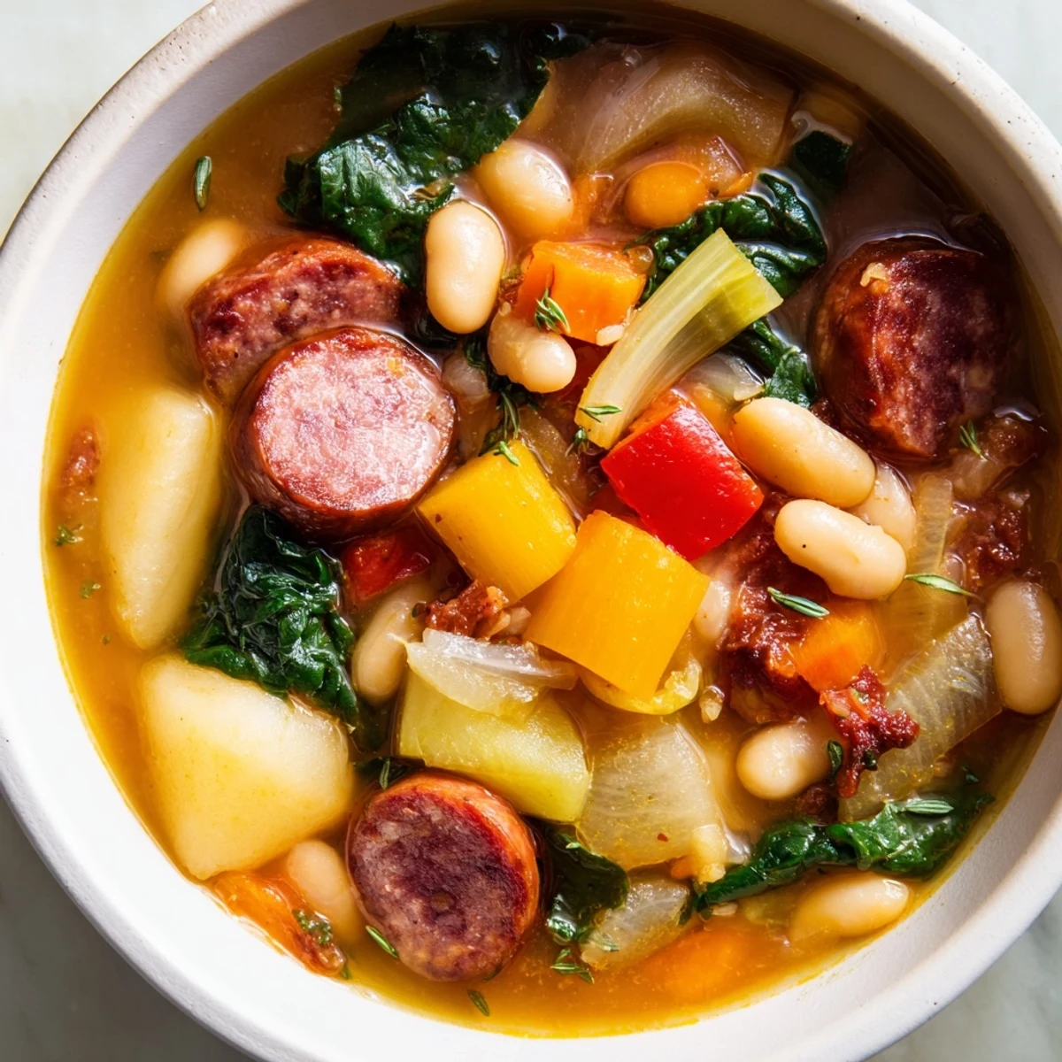One-Pot Sausage and White Bean Stew, steaming hot, showcasing hearty sausage and vegetables.