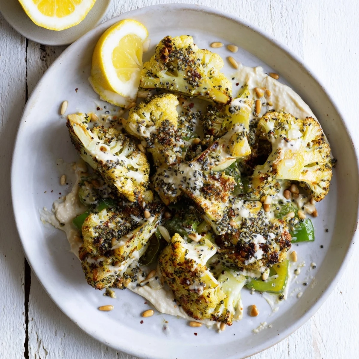 Golden, roasted cauliflower steaks drizzled with creamy tahini sauce, ready to be enjoyed.