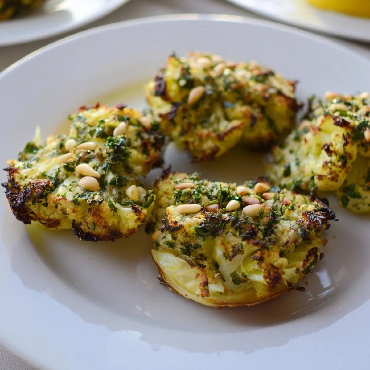 Close-up of perfectly roasted cauliflower steaks, showcasing the tahini drizzle and parsley garnish.