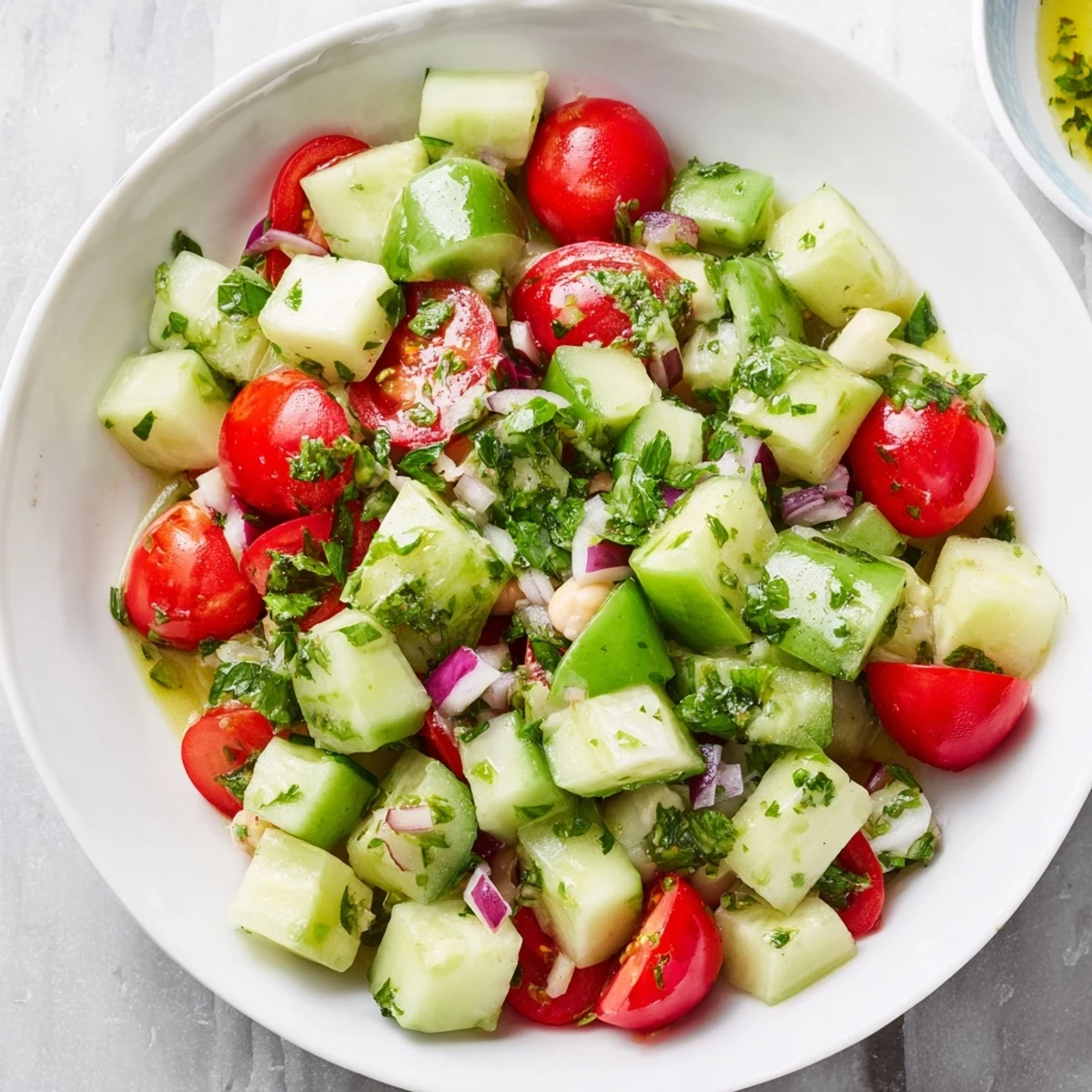 This Fresh Cucumber and Chickpea Salad shows a close-up of fresh ingredients, tossed and ready to eat.