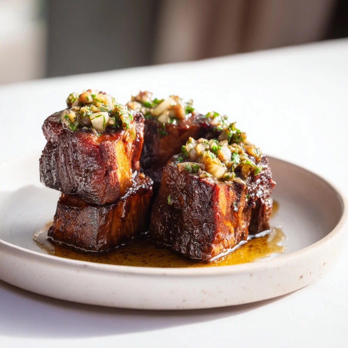 Tender, juicy skillet-seared steak bites glistening with melted garlic butter and fresh herbs.