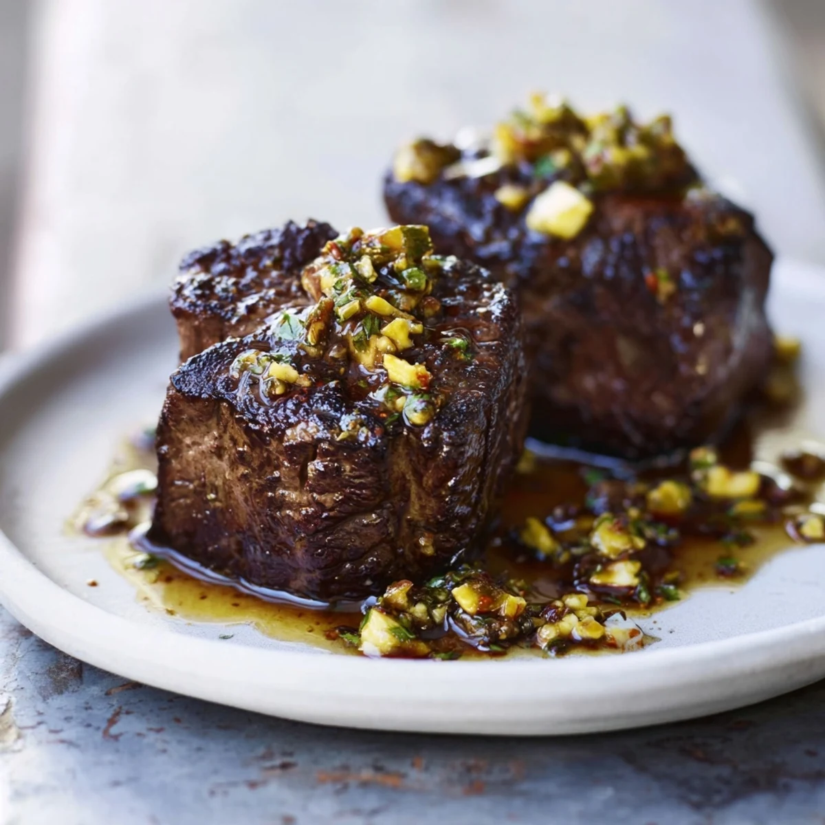 Golden-brown skillet-seared steak bites sizzling in flavorful garlic butter, ready to serve.