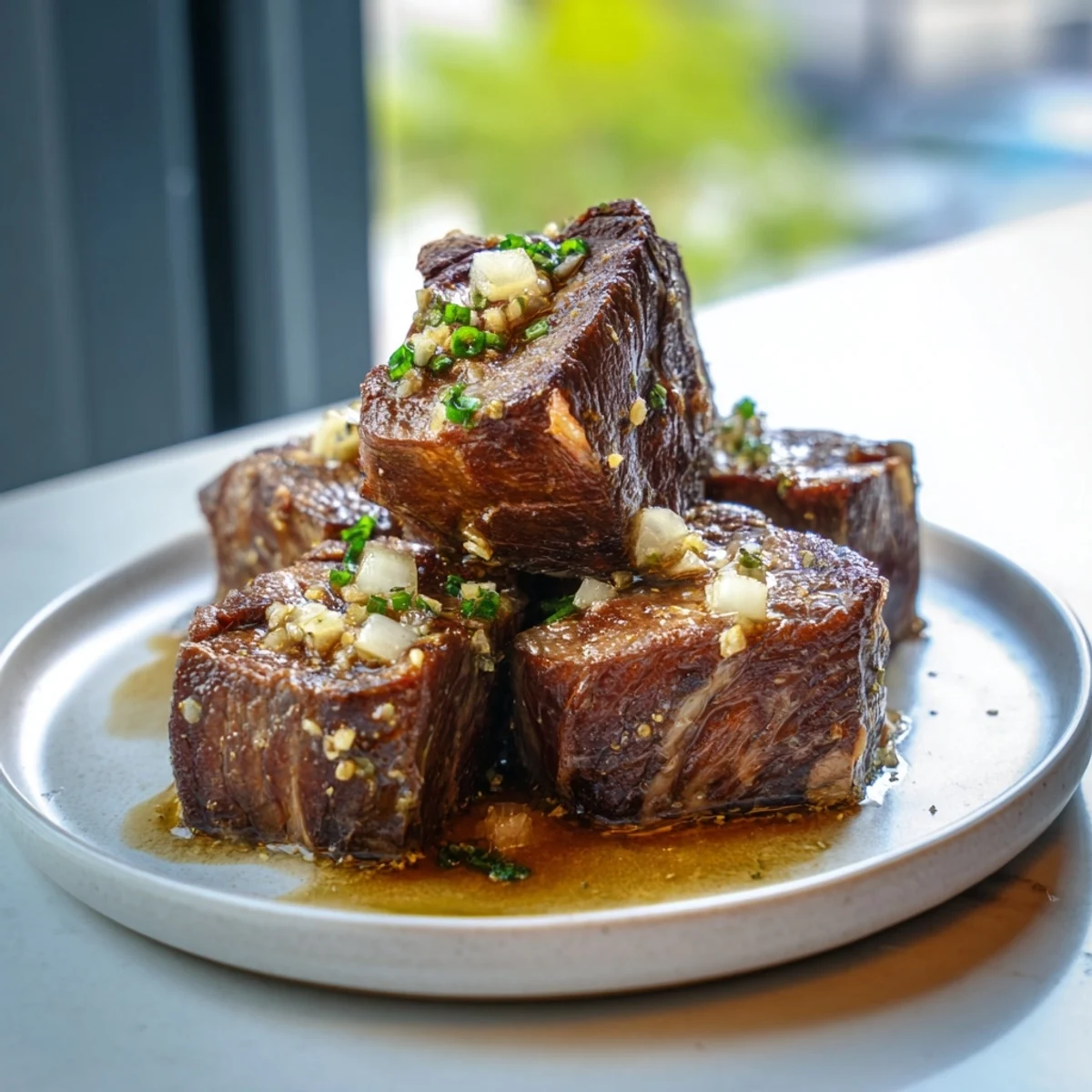 Close-up of perfectly cooked skillet-seared steak bites, coated in rich, aromatic garlic butter.