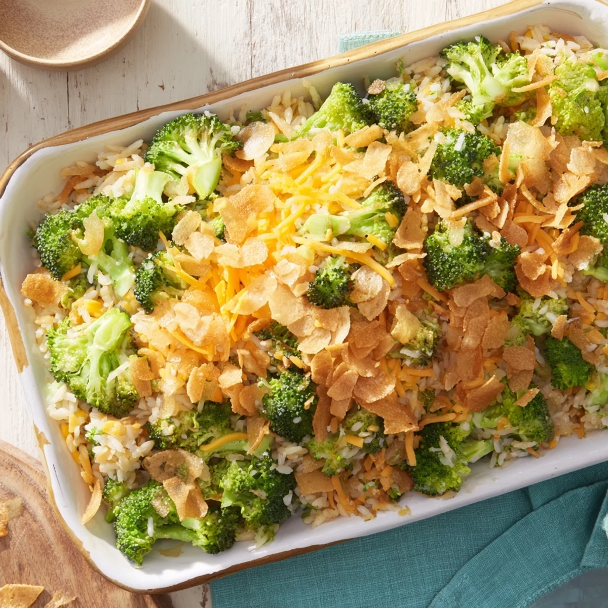 Golden browned cheesy broccoli and rice bake, a delicious American family favorite casserole.