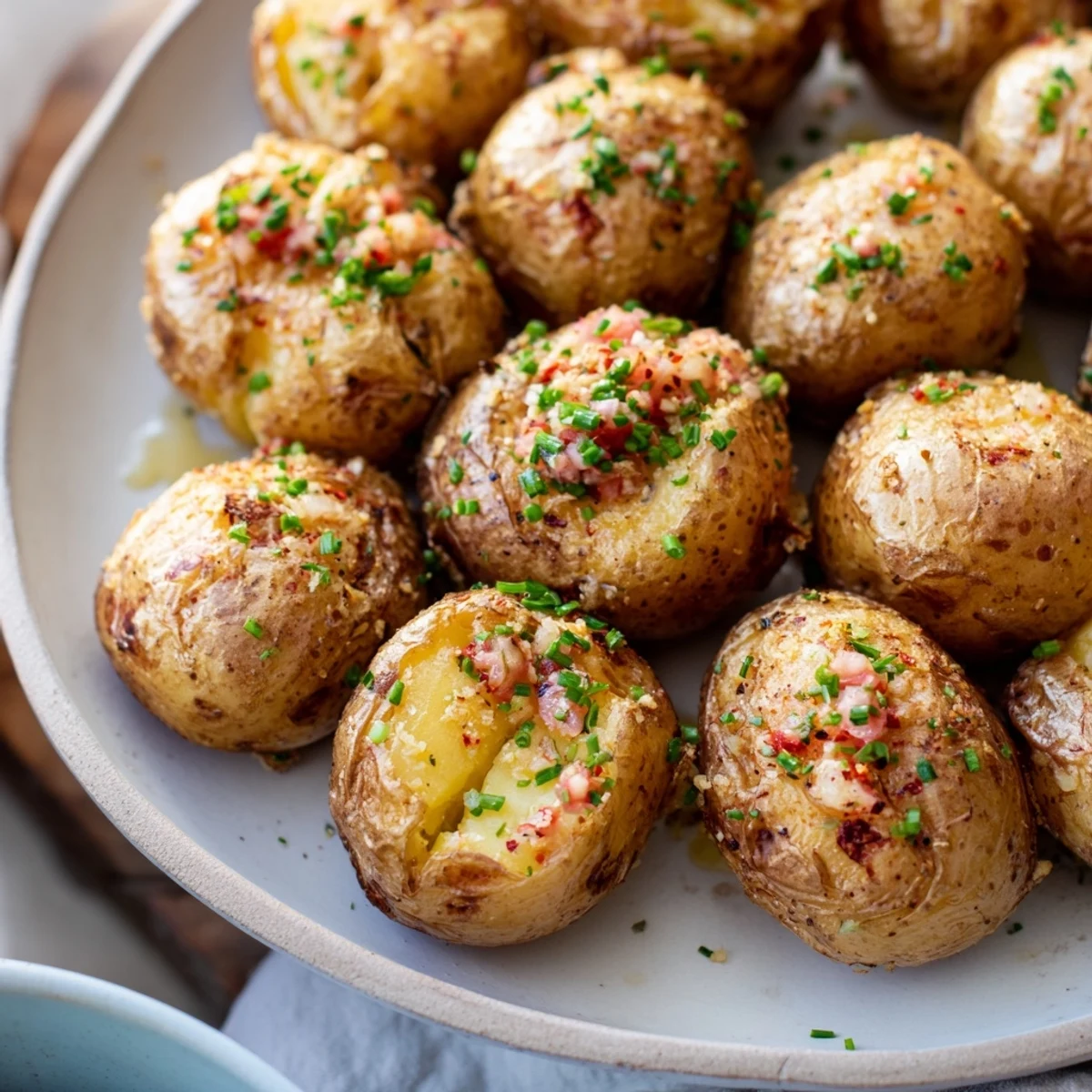 Golden, crispy garlic butter roasted smash potatoes, bubbling from the oven, ready to serve with fresh parsley.