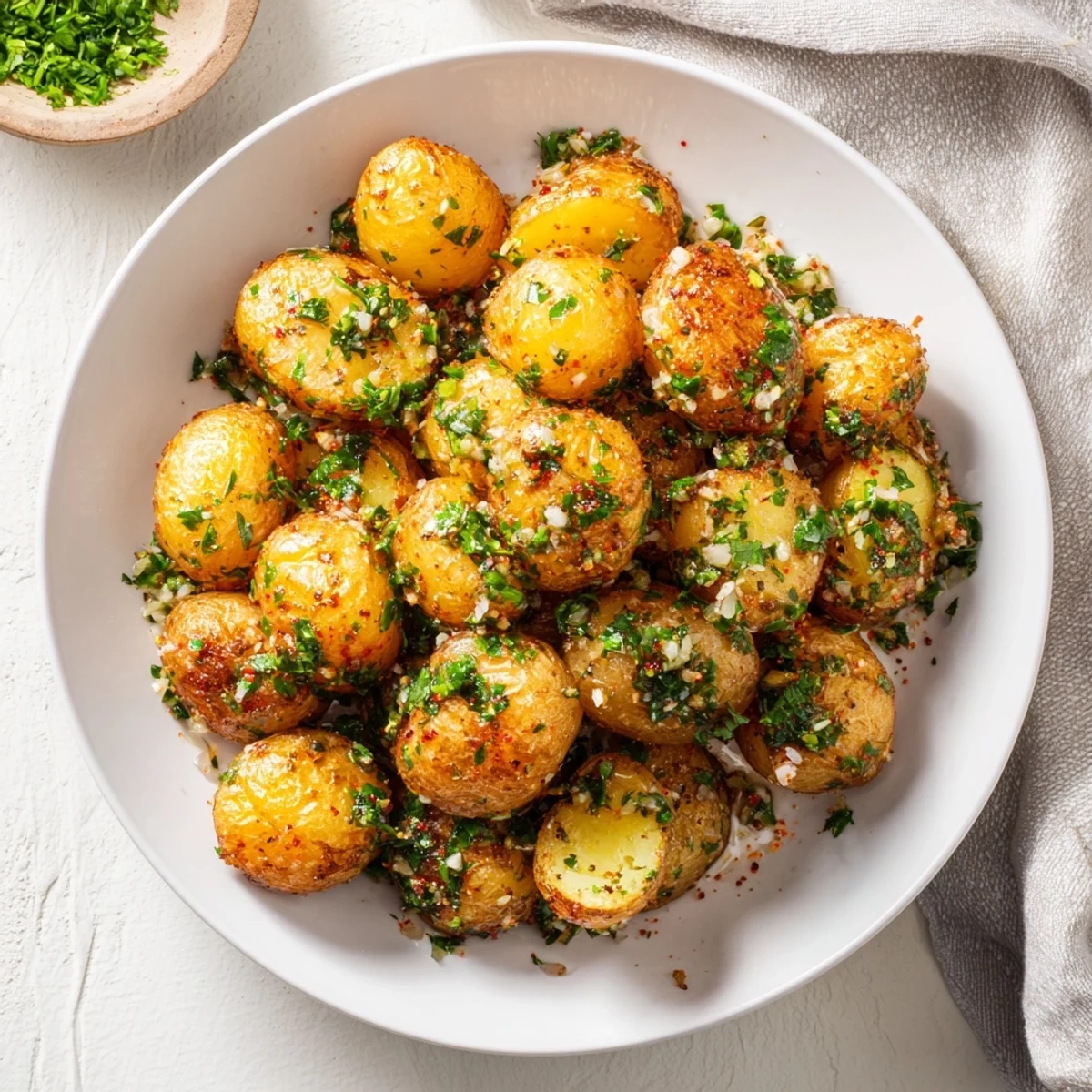 Close-up of golden brown garlic butter roasted smash potatoes, perfectly smashed and seasoned for maximum flavor, ready to eat.
