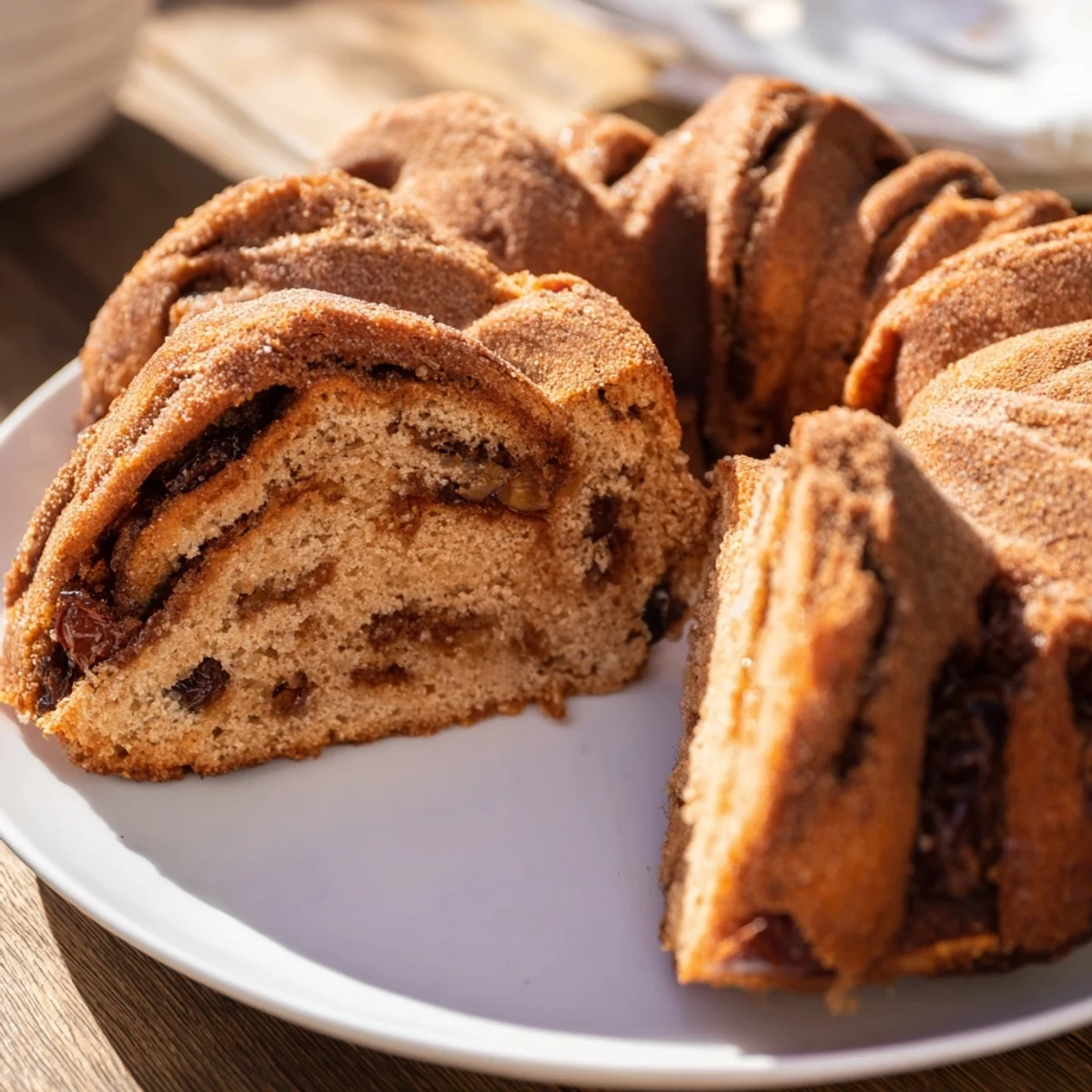 Warm, golden Homemade Cinnamon Swirl Raisin Bread fresh from the oven, ready to toast and enjoy.