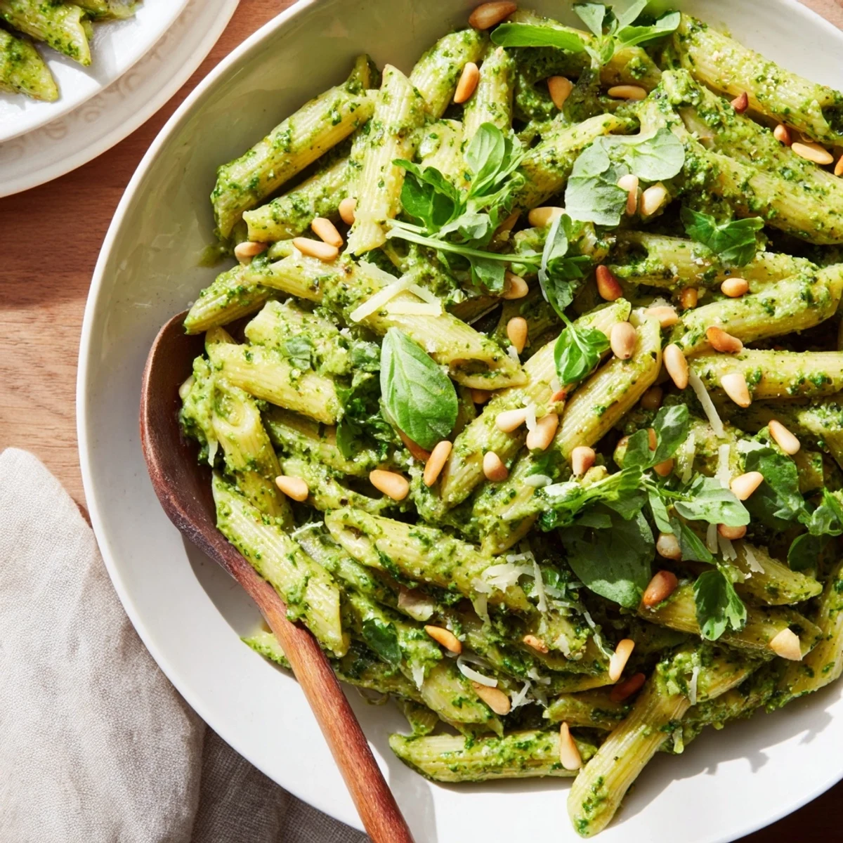 Vibrant photo of creamy pesto pasta, a quick and delicious Italian meal ready in minutes.
