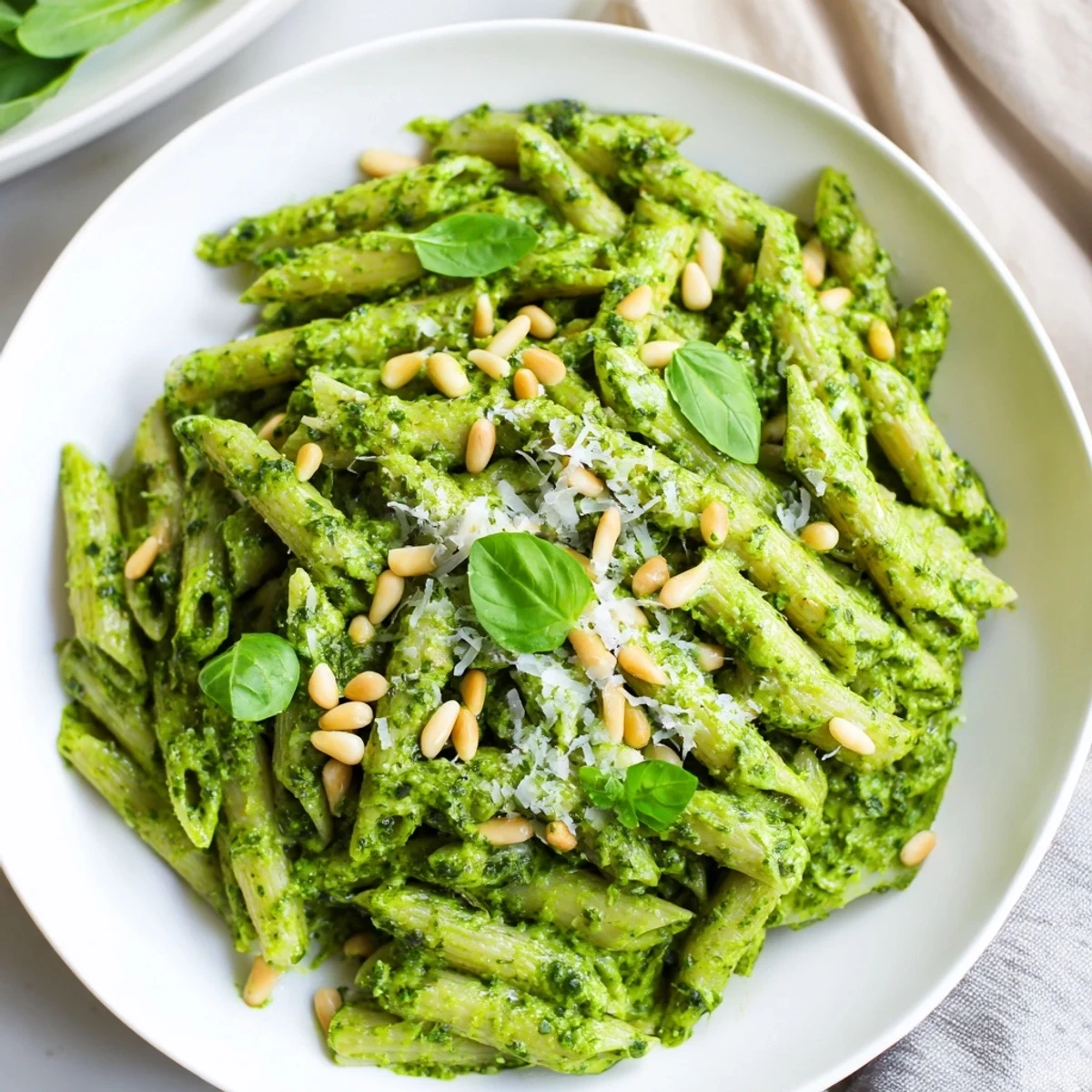 Tempting view of the best 15-minute creamy pesto pasta, perfectly coated with vibrant green sauce.