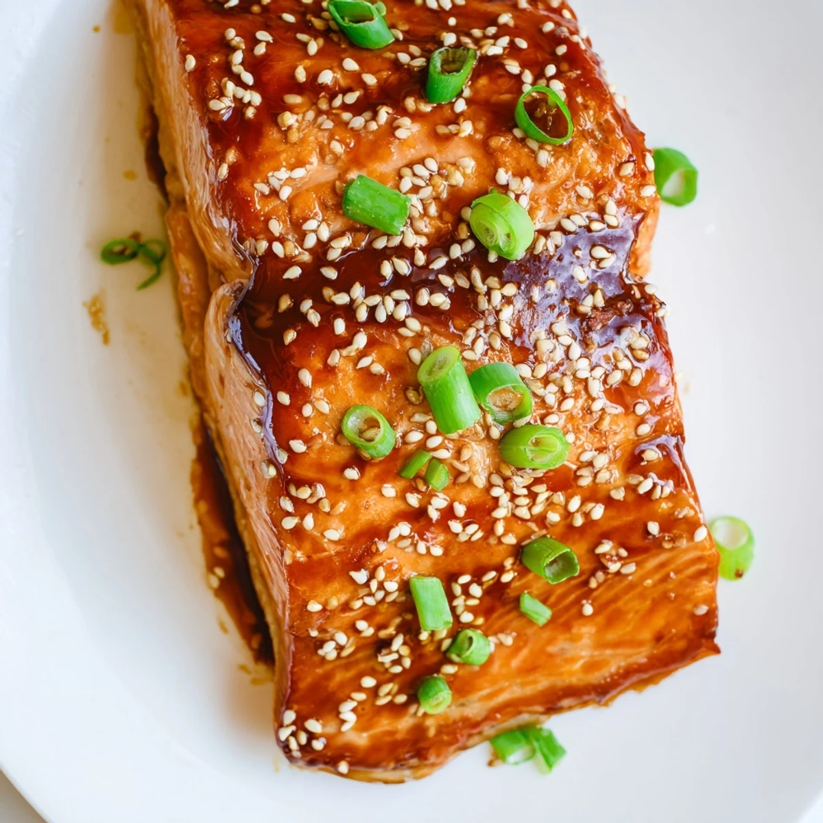 Tender, flaky Ginger Soy Glazed Salmon with a beautiful sheen, garnished with green onions.