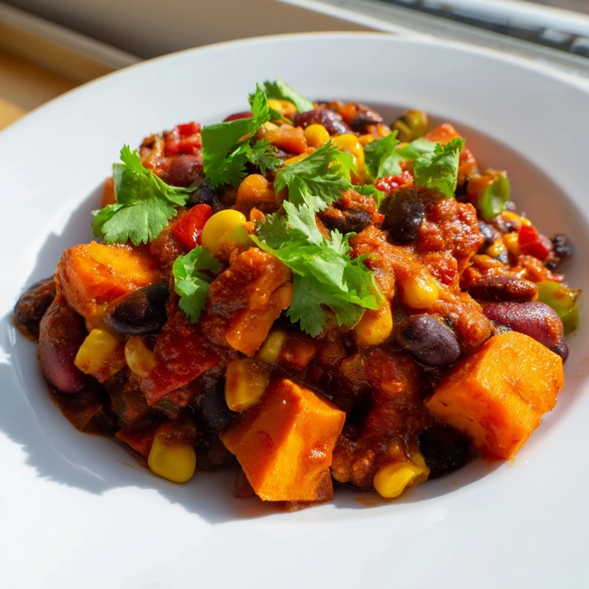 A steaming bowl of Smoky Sweet Potato Chili, filled with colorful vegetables and savory spices.