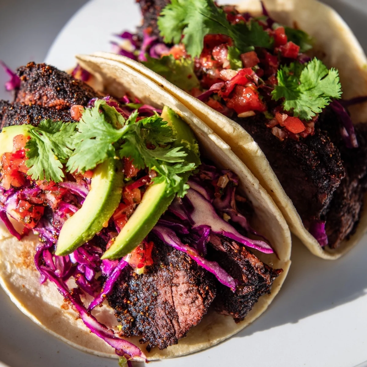 Smoky coffee-rubbed steak tacos, grilled to perfection, filled with fresh vibrant toppings, are ready to enjoy.