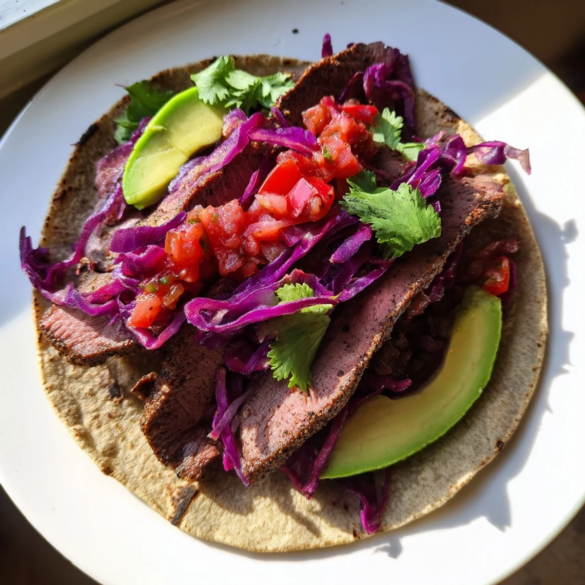 Juicy, flavorful coffee-rubbed steak tacos served with ripe avocado and fresh cilantro offer a delicious meal.