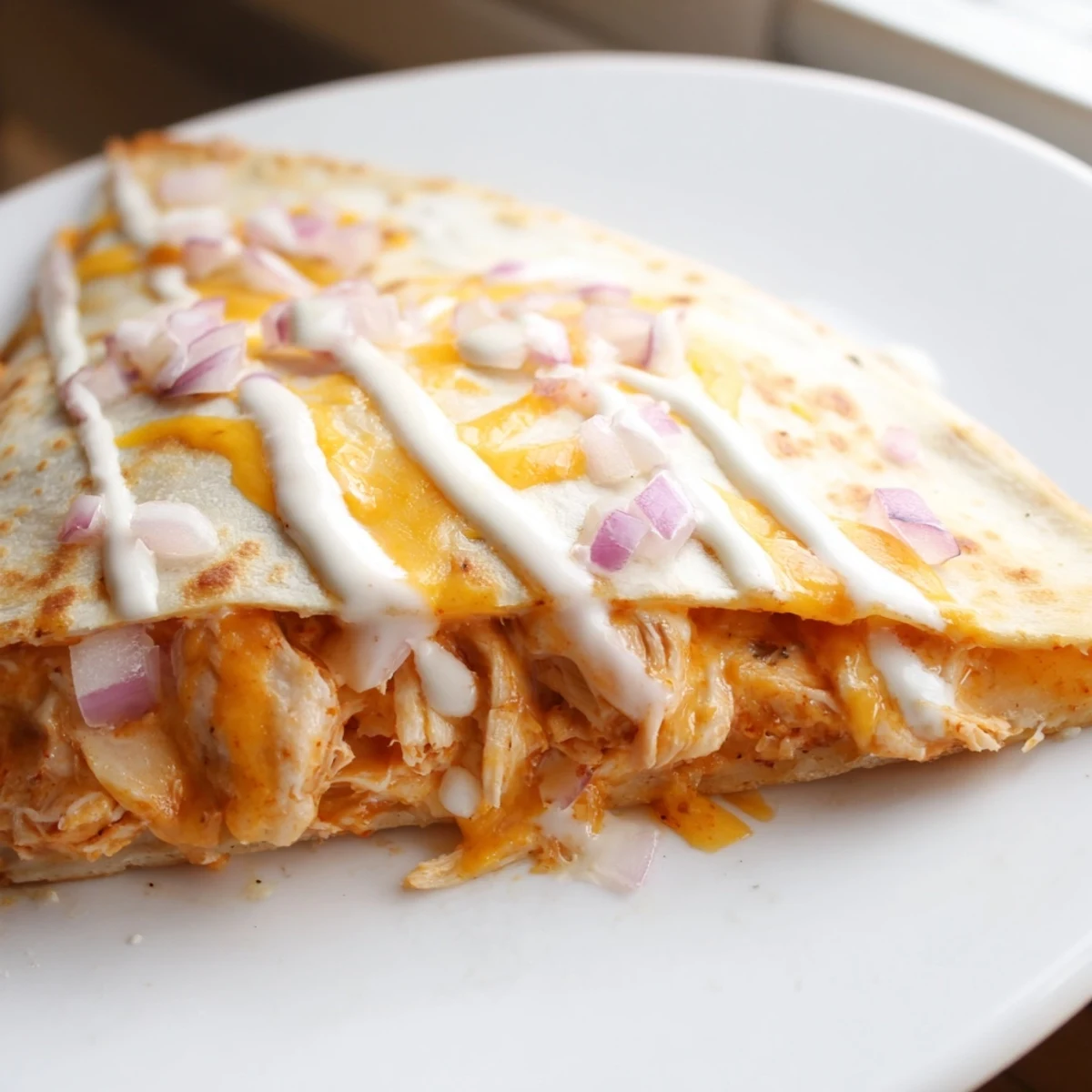 Golden Buffalo Chicken Quesadilla, crispy and cheesy, a perfect game-day snack, ready to eat!
