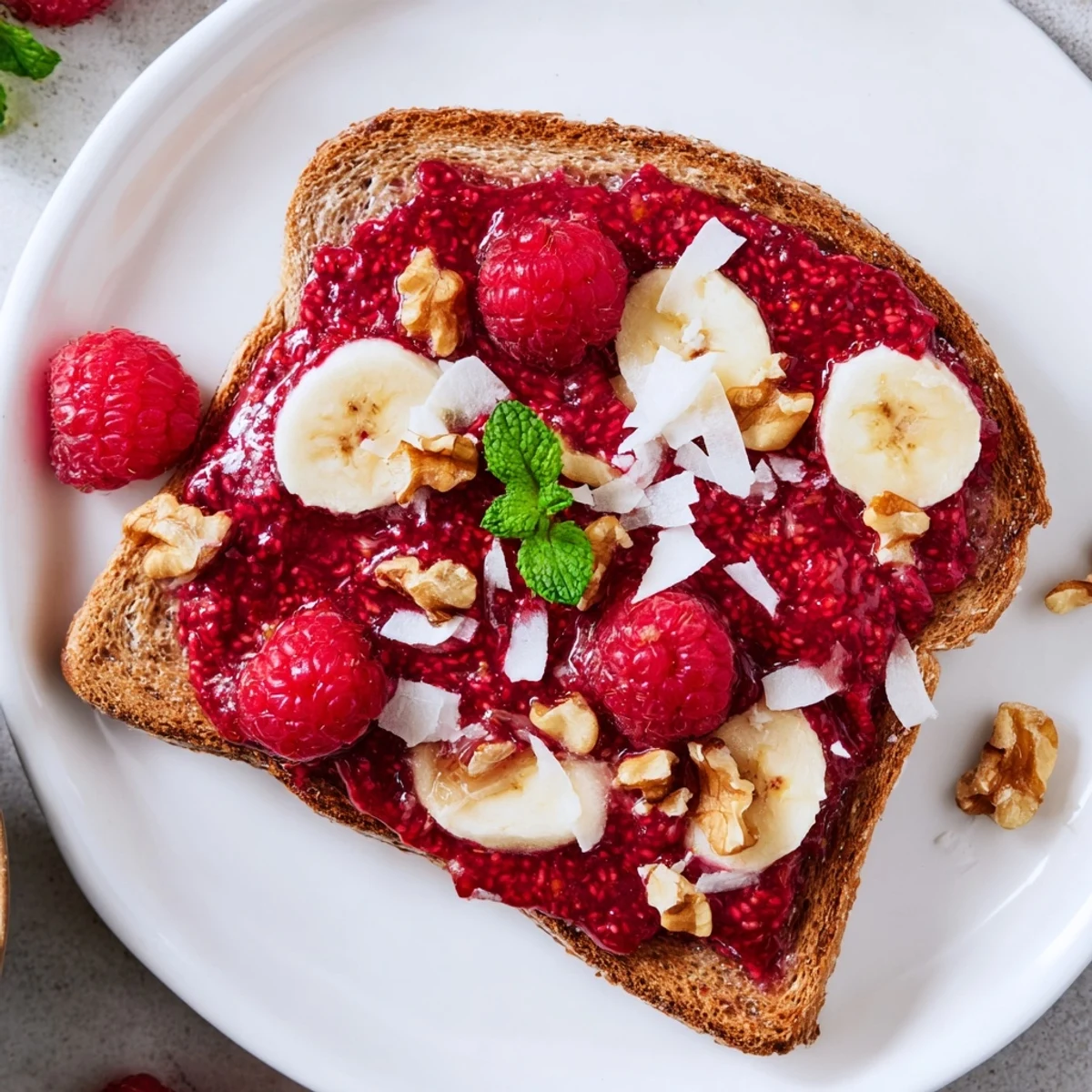 A close-up of vibrant raspberry chia jam toast, a delightful breakfast or snack option.