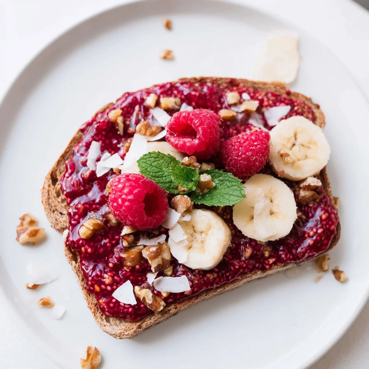 Freshly made raspberry chia jam glistens on toasted bread, a sweet and delicious treat to enjoy.