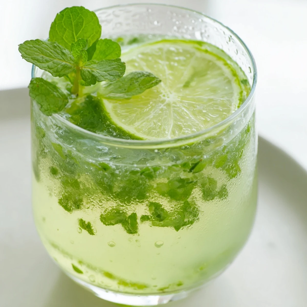 Refreshing mint lime agua fresca in a clear glass, garnished with lime slices, chillingly delicious.