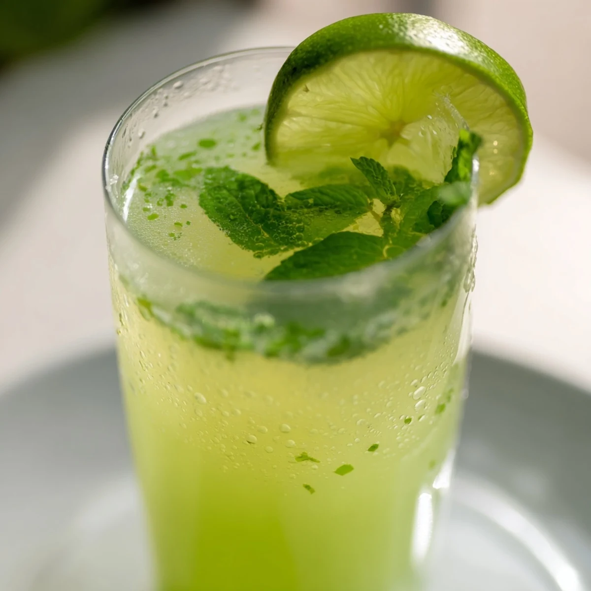 Vibrant photo of homemade mint lime agua fresca, a bright green drink served over ice on a summer day.