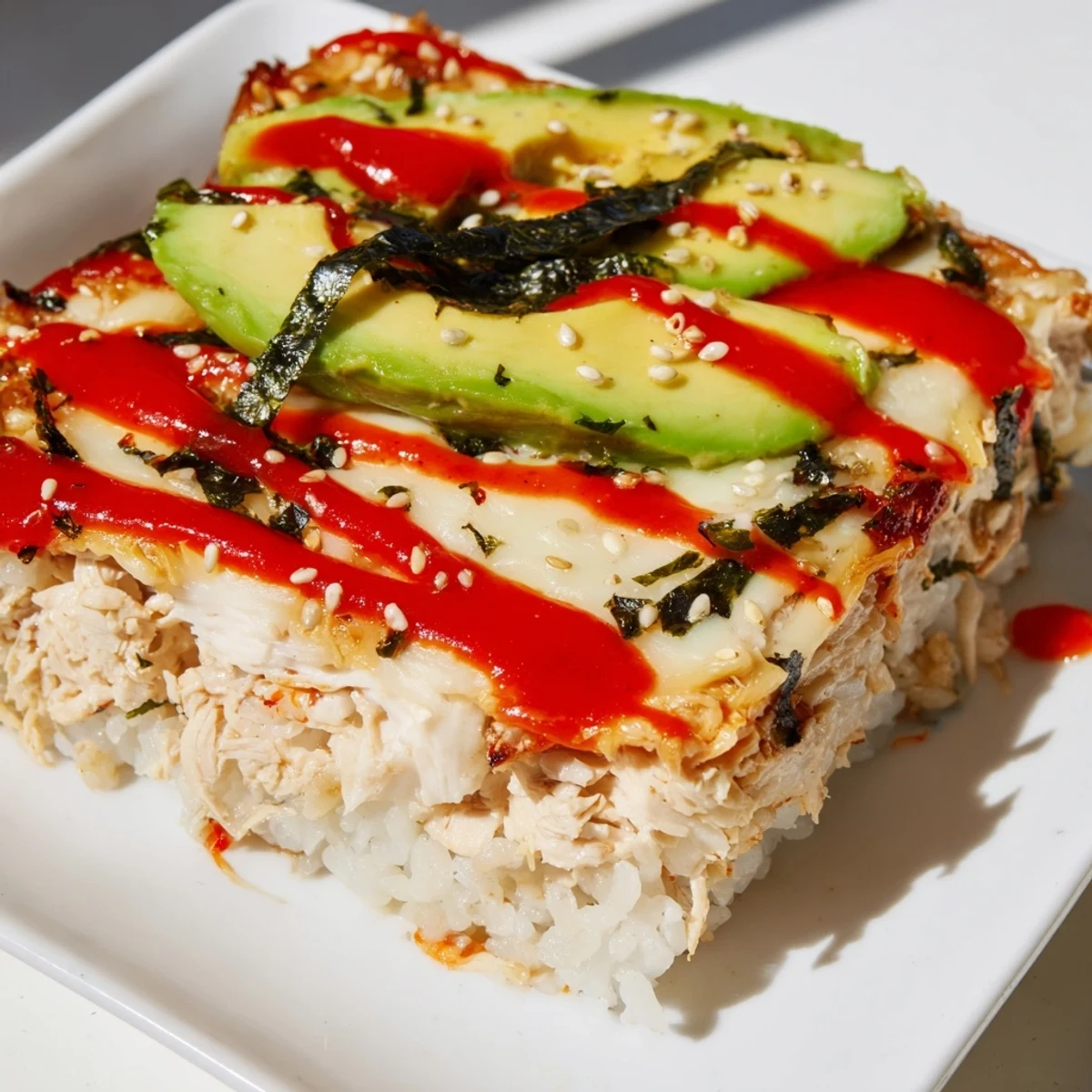 Golden, bubbly Chicken Sushi Bake, a comforting casserole with creamy chicken and seasoned rice.