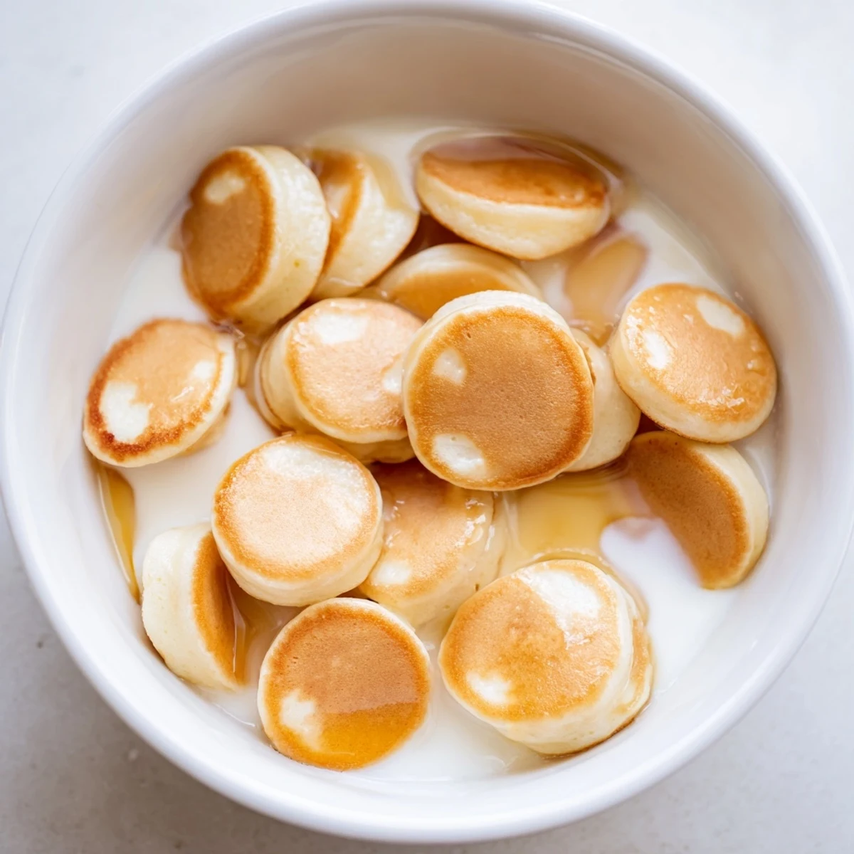 Fluffy pancake cereal, tiny golden-brown pancakes in a bowl ready to be enjoyed with milk.