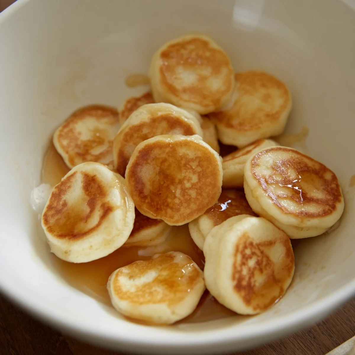 Imagine a bowl full of fluffy pancake cereal, ready to be soaked in milk for a sweet breakfast.