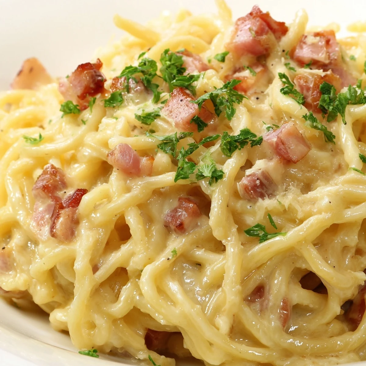 Creamy Ramen Carbonara hack, noodles coated in rich egg and cheese sauce, ready to serve with parsley.