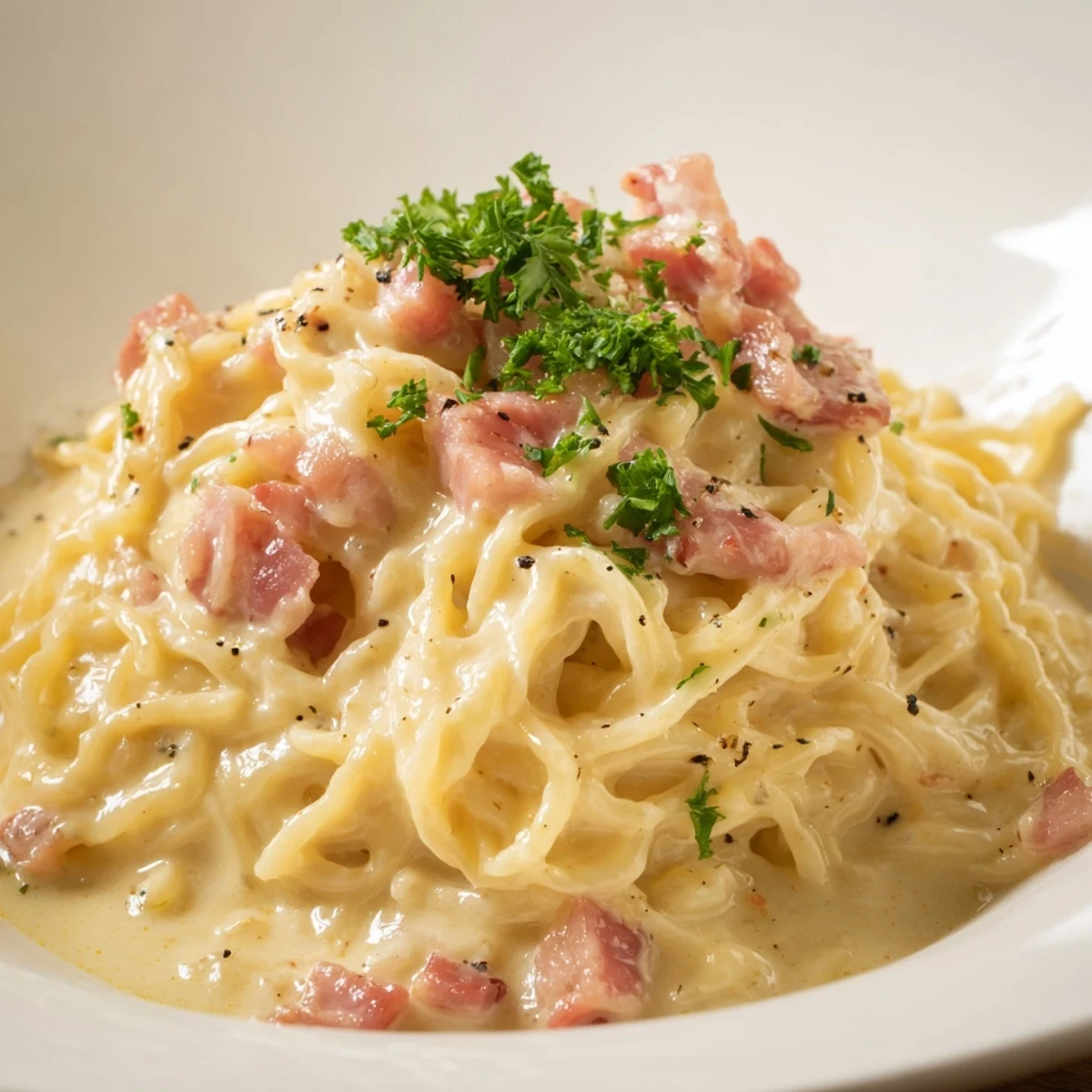A single serving of Ramen Carbonara hack, with crispy bacon crumbles amidst the creamy egg and cheese.