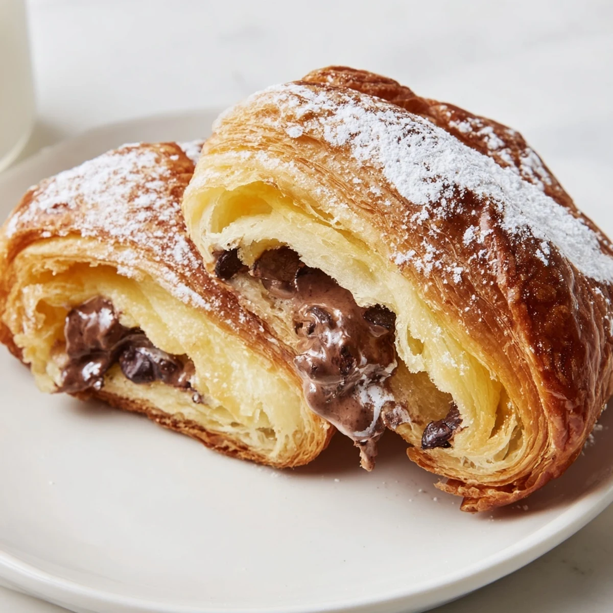Close-up photo of the Cookie Croissant, showing a baked, golden pastry and melty chocolate.