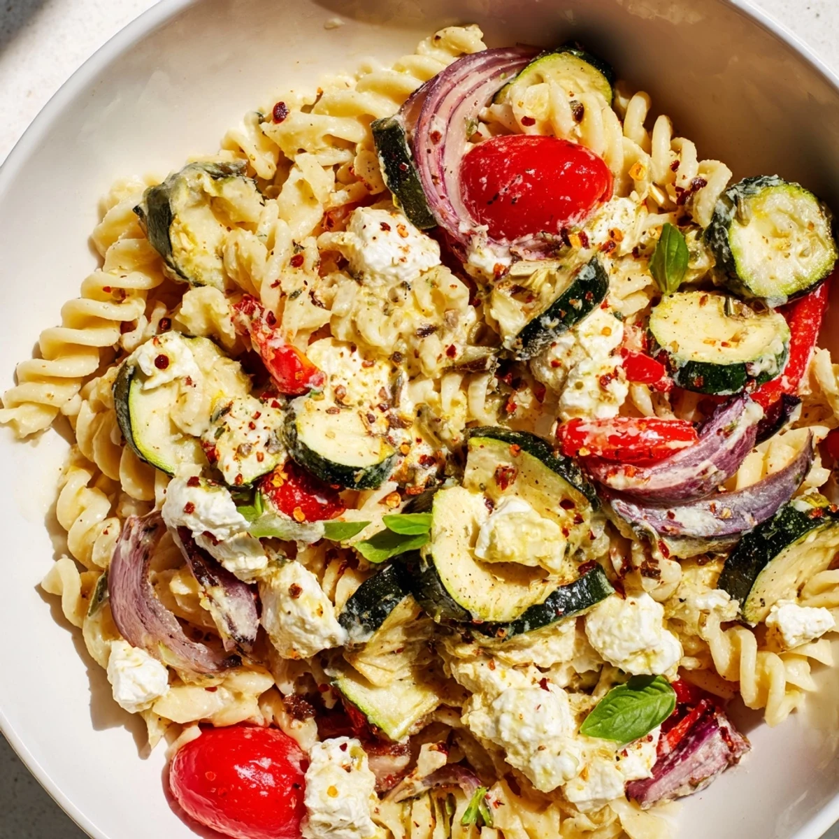 A serving of vibrant Baked Feta Pasta 2.0, served with fresh basil, ready for a delicious dinner.