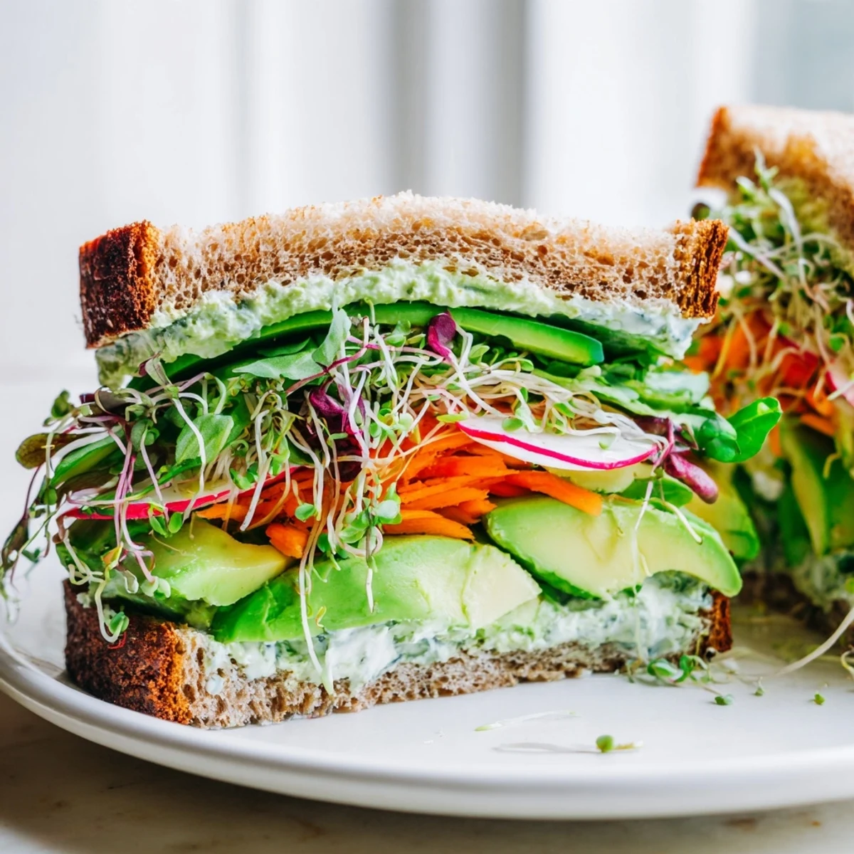 Green Goddess Sandwich filled with creamy spread and fresh veggies, ready to enjoy.