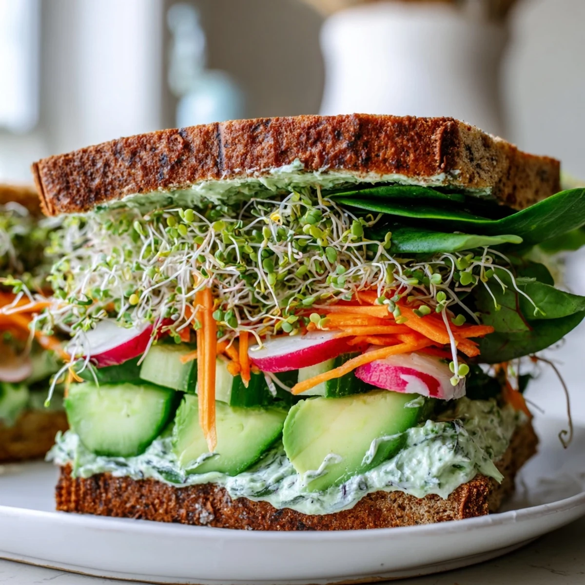 A close-up shot of a halved Green Goddess Sandwich showcasing colorful layers.