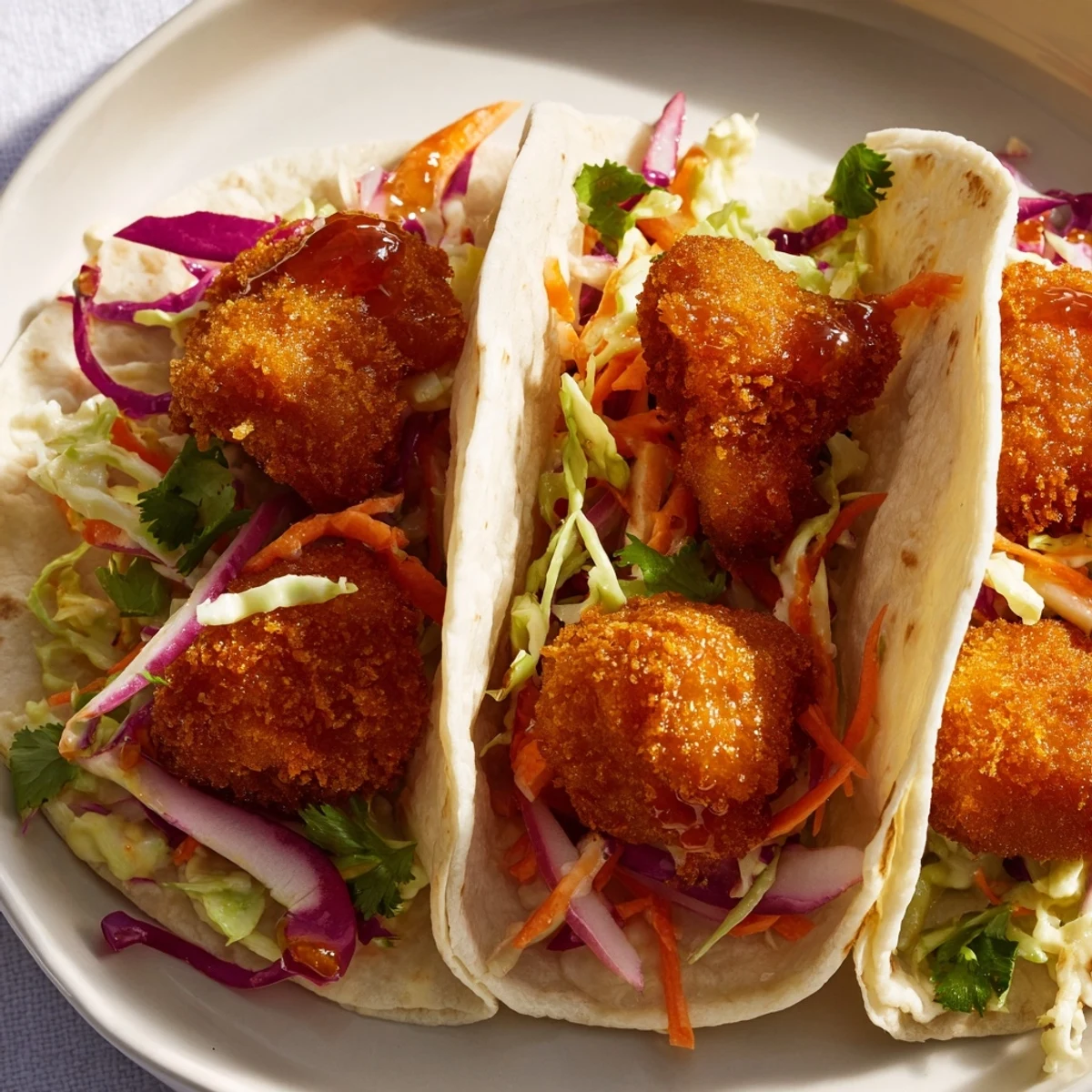 Golden-fried Hot Honey Chicken Tacos with a vibrant slaw, ready for a satisfying, spicy bite.