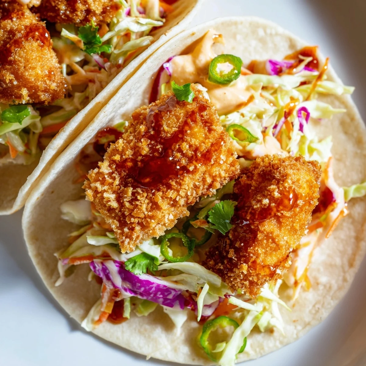 Mouthwatering image of a delicious Hot Honey Chicken Taco, showcasing crispy chicken and tangy slaw.