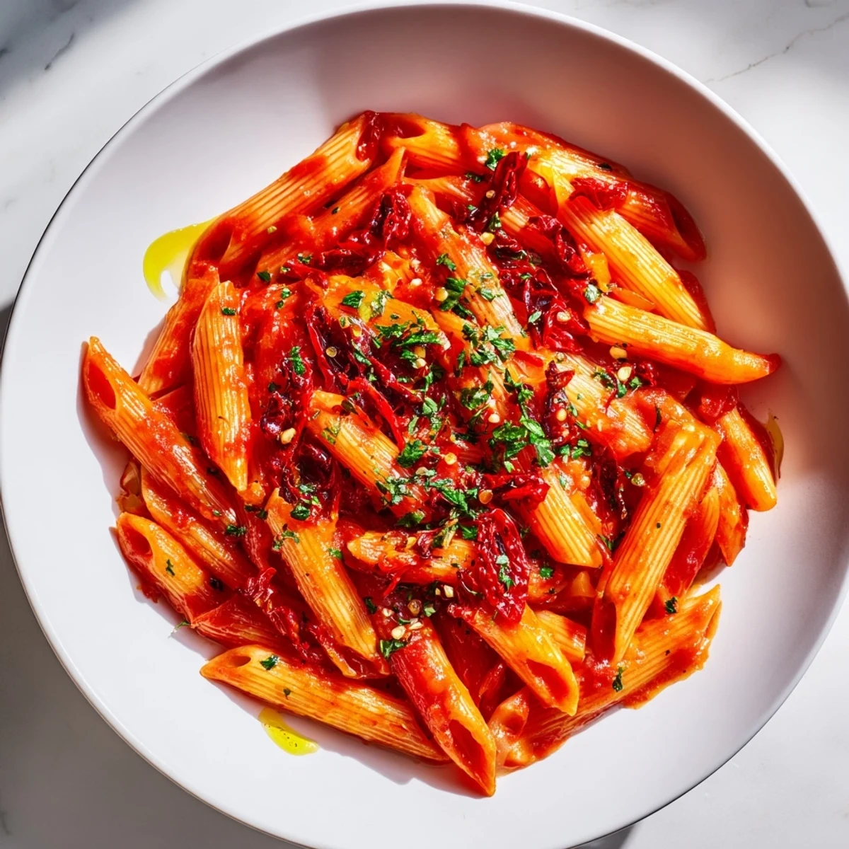 Steaming Penne all'Arrabbiata: vibrant red pasta coated in a spicy, flavorful tomato sauce.