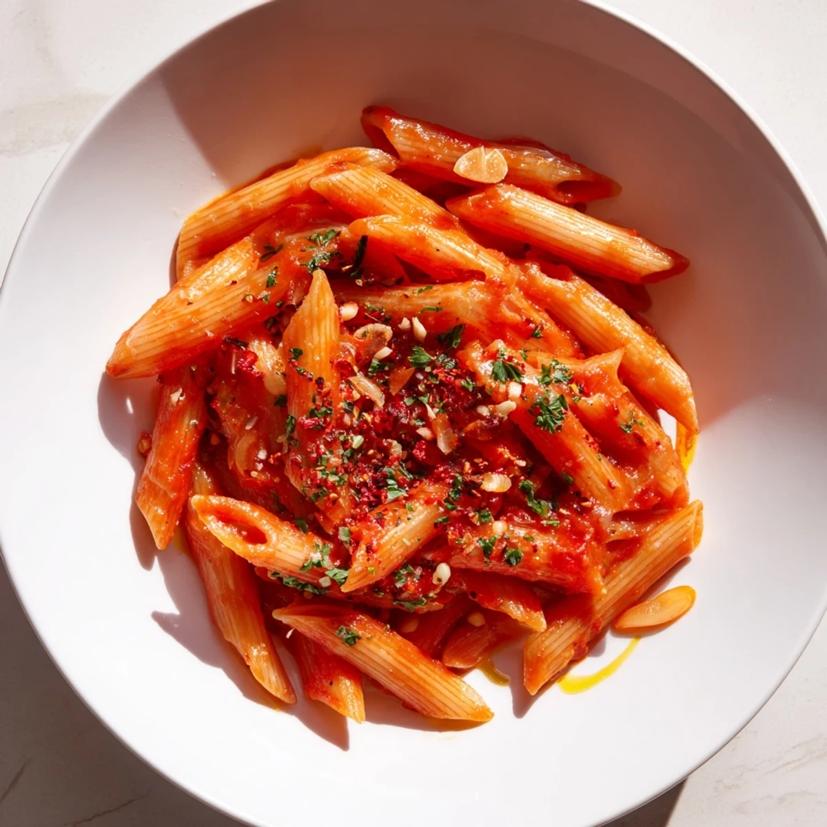 Hearty Penne all'Arrabbiata, rich in flavor, served with a drizzle of olive oil, ready to enjoy.