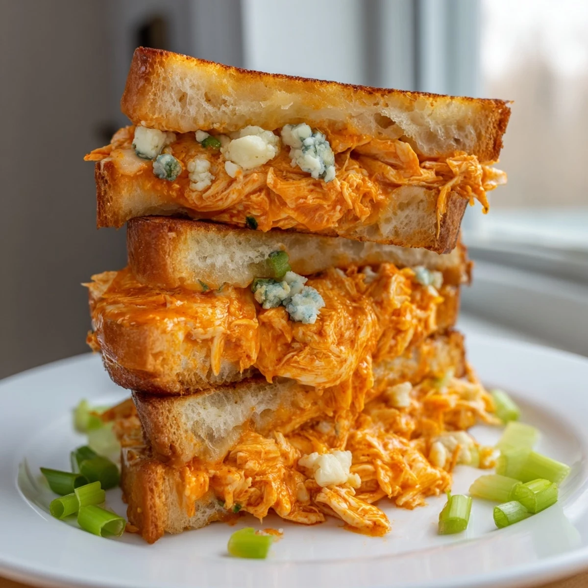 Golden-brown Buffalo Chicken Grilled Cheese oozes melted cheese, offering a delicious, spicy comfort food experience.