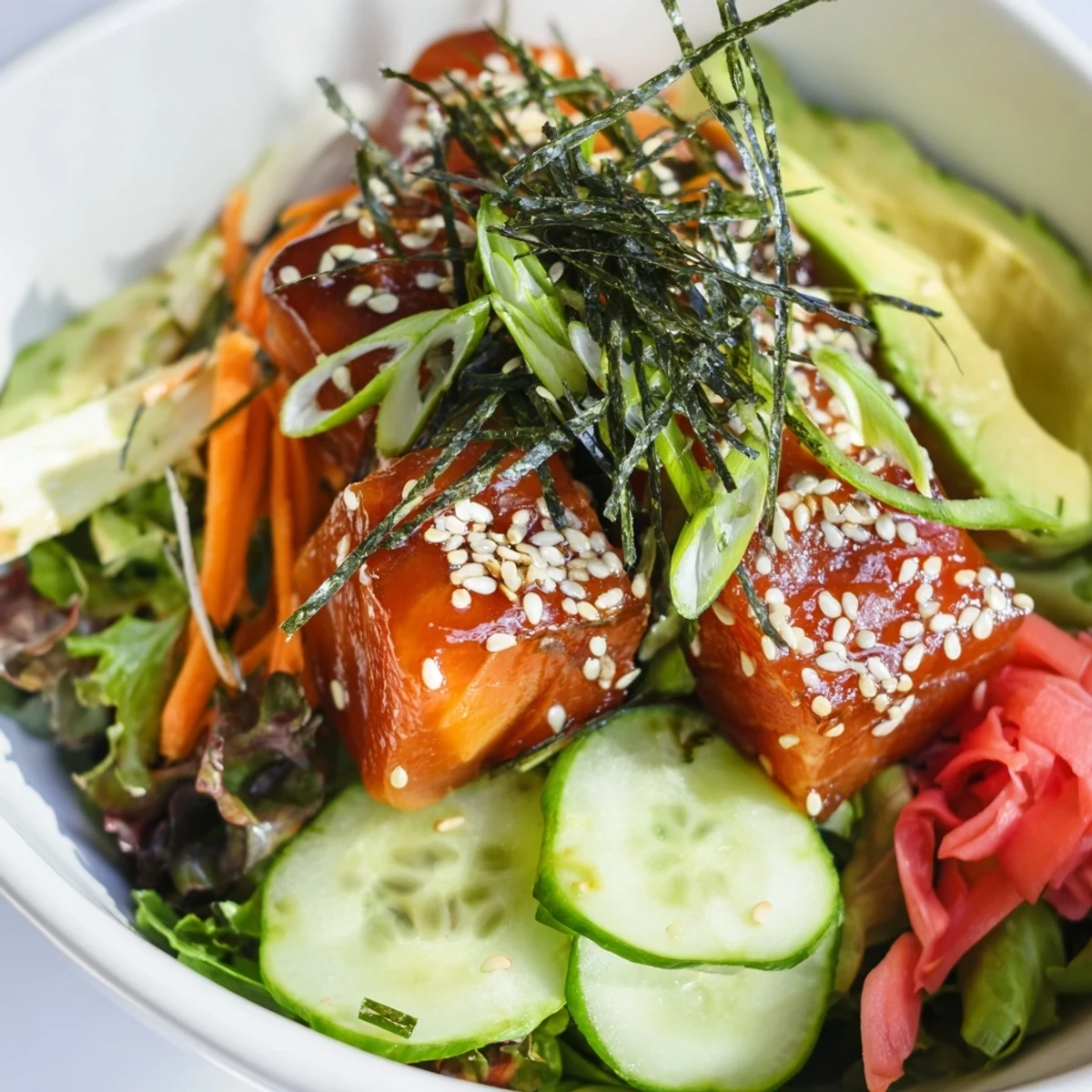 Fresh and vibrant Poke Bowl Salad, showcasing marinated tuna over a bed of crisp greens.