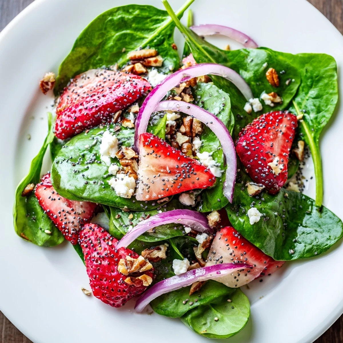 Vibrant Spinach Strawberry Salad with glistening strawberries, perfect for a refreshing lunch.